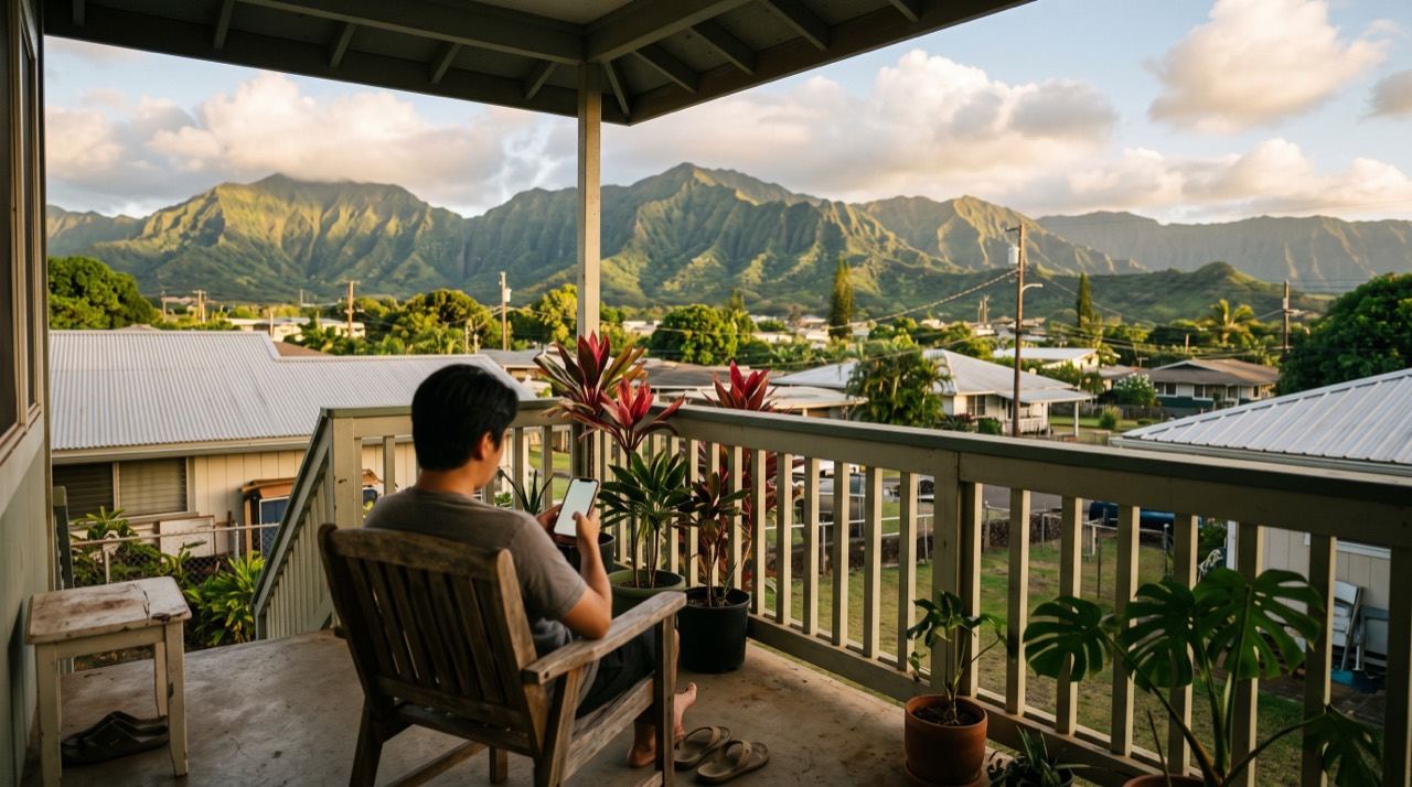 A person using a phone while seated on a covered lanai overlooking neighborhood rooftops and green mountain ridges