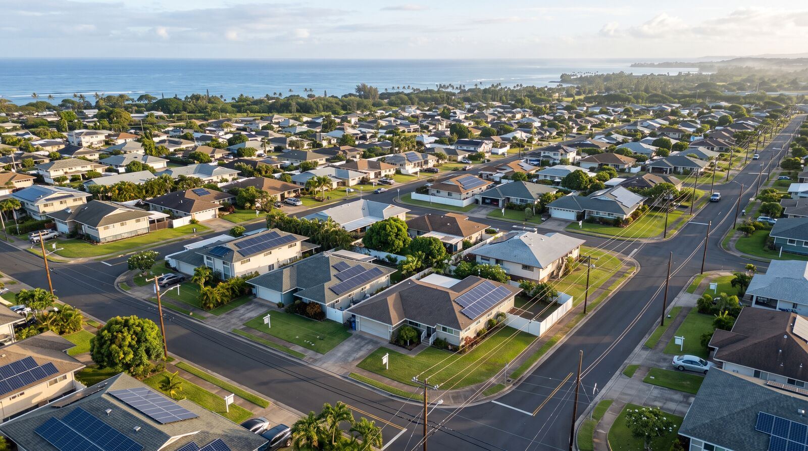 Aerial view of an Oʻahu neighborhood of single-story homes with solar panels, a coastline and the ocean beyond