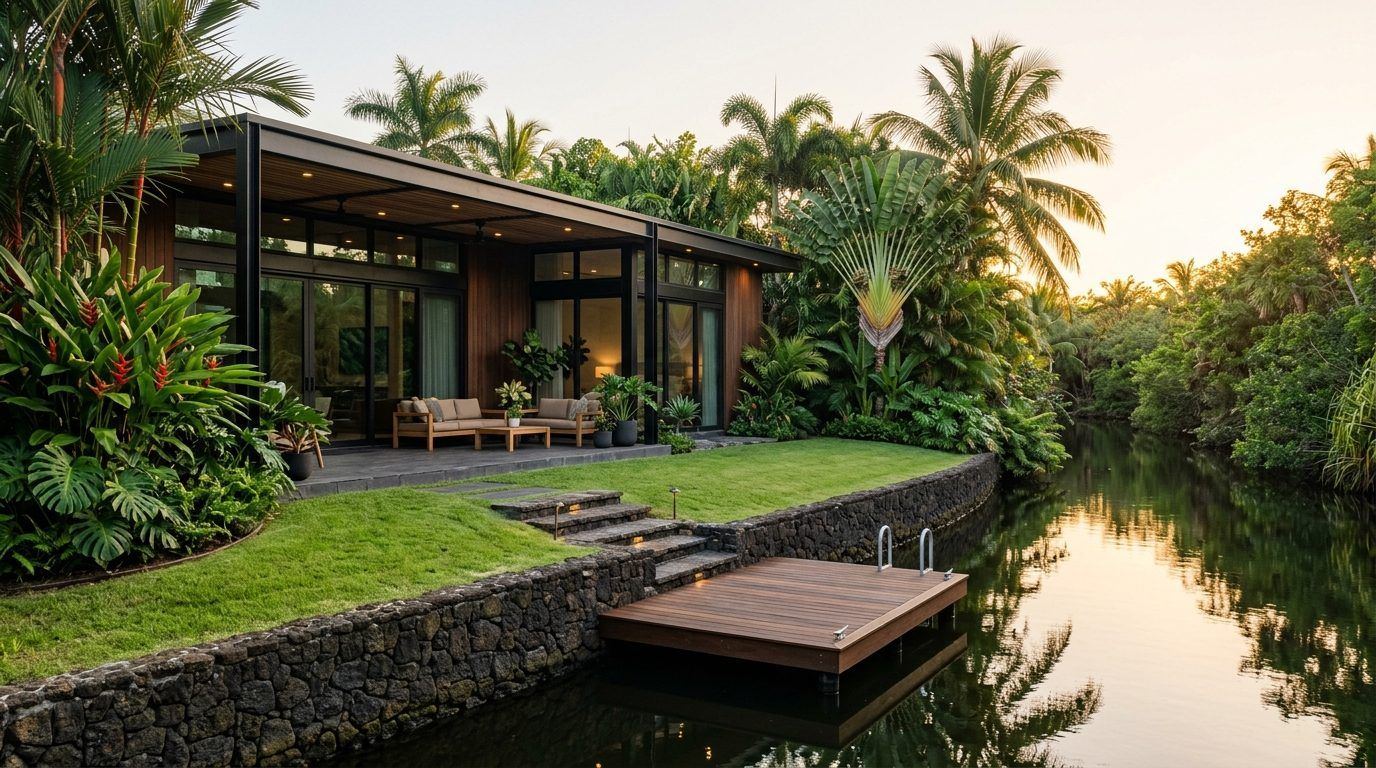 A waterside home with a lawn and small dock surrounded by tropical planting