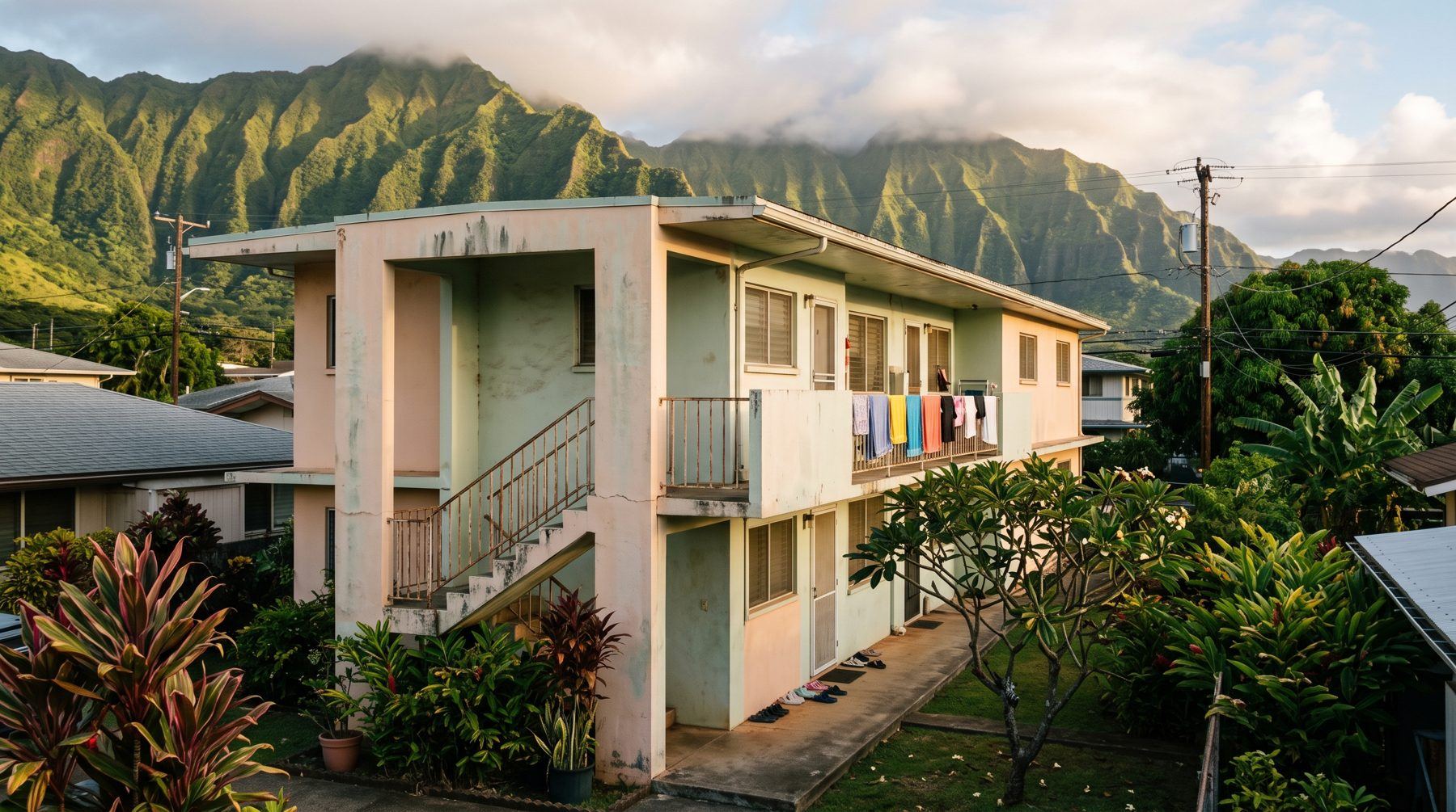 A two-story pastel apartment building at sunrise with towels drying on the balcony railing, plumeria and ti plants in front, and green mountain ridges behind