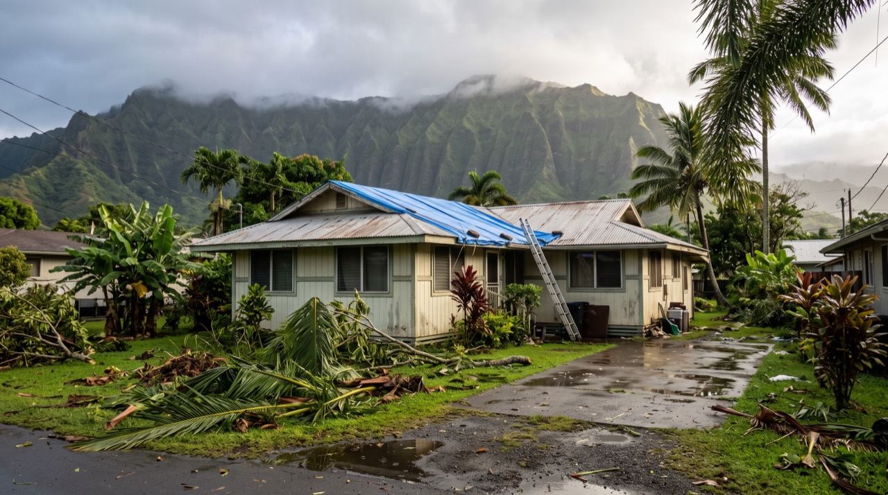 A single-story home with a blue tarp over its roof, a ladder, and fallen palm branches beneath green mountain ridges