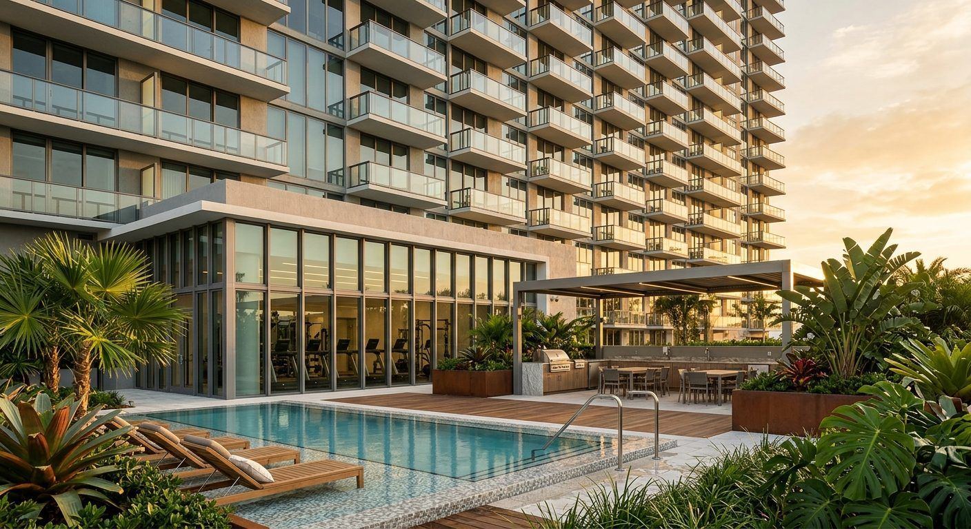 Illustration of a condominium building with a pool and landscaped amenity deck
