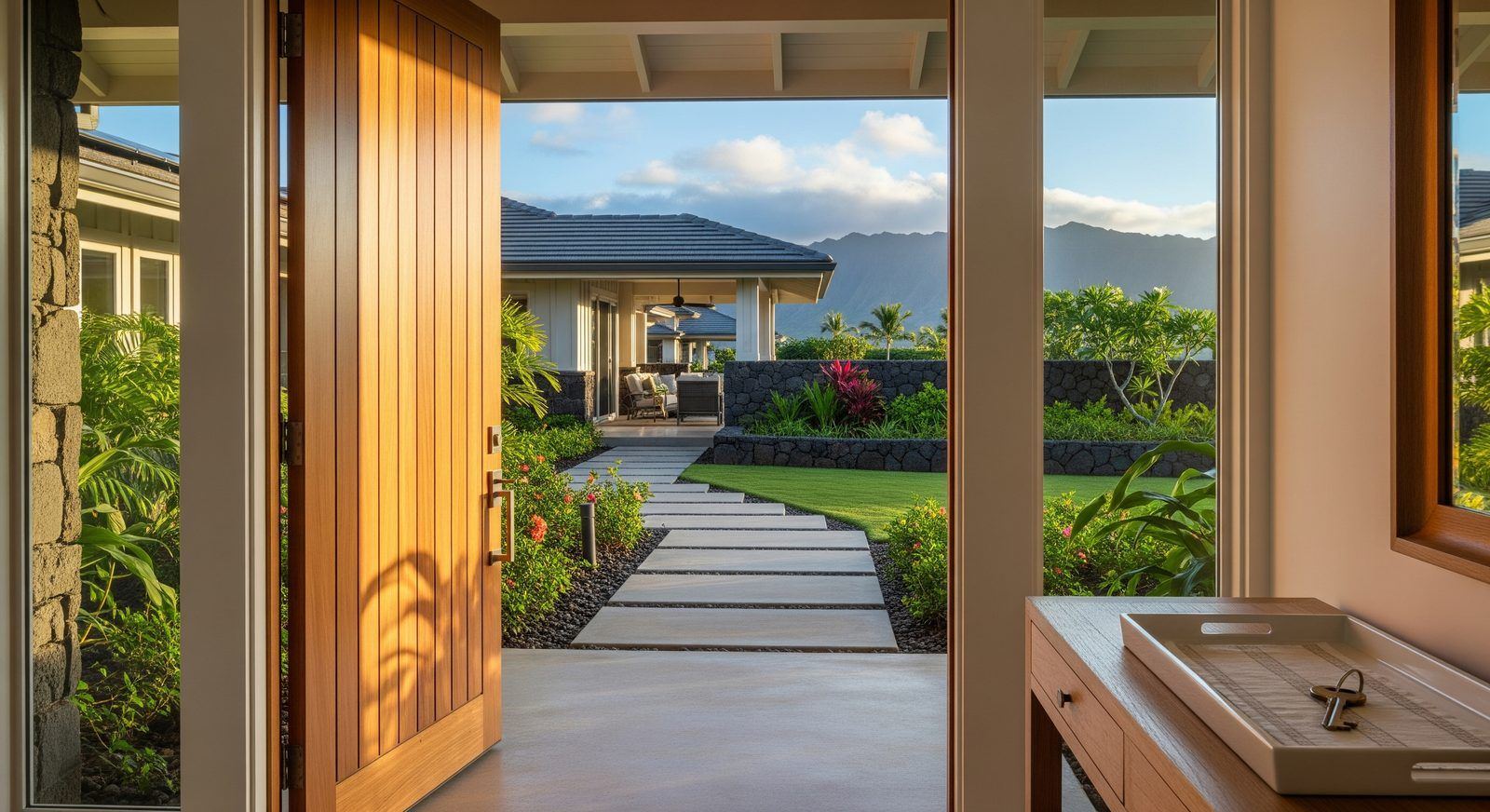 Illustration of a home entry opening onto a landscaped walkway
