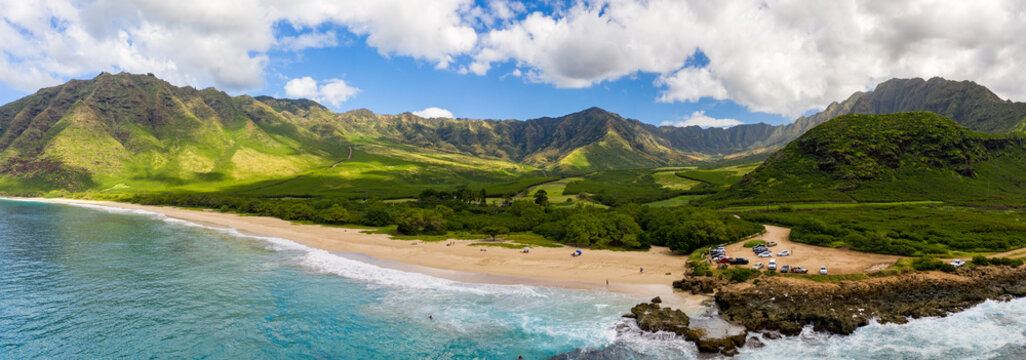 The Waiʻanae Coast with the mountain range rising behind the shoreline