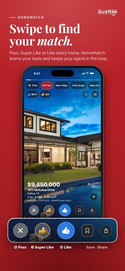 App Store screenshot: HomeMatch lets you swipe through homes and save your favorites.