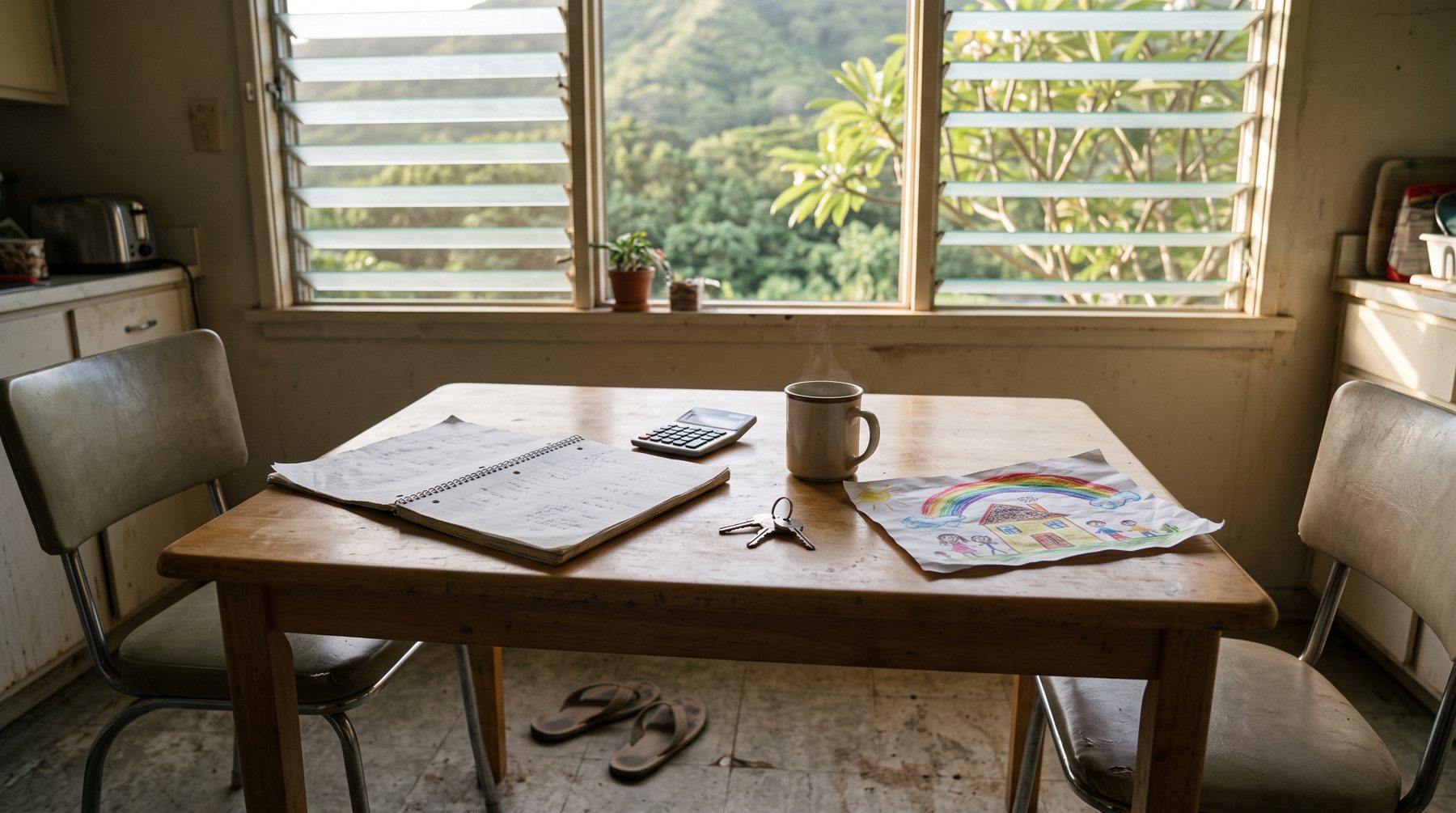 A wooden kitchen table by a louvered window holding a notebook, calculator, house keys, a coffee mug and a child's crayon drawing of a house under a rainbow