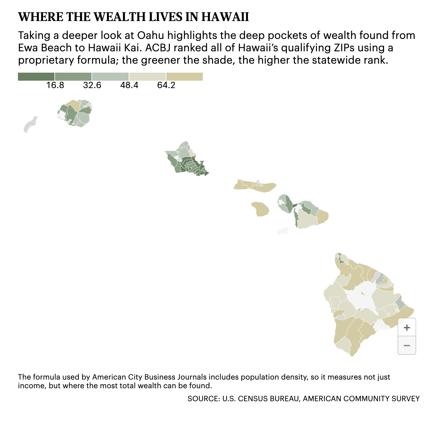 Map showing the relative wealth rankings of qualifying ZIP codes across Hawaiʻi